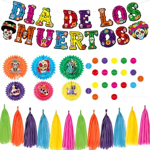 Comprehensive Dia de los Muertos party decoration set with banner, paper fans and tassels