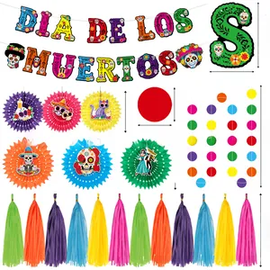 Close-up view of Day of the Dead party supply set showing banners and paper fans dimensions