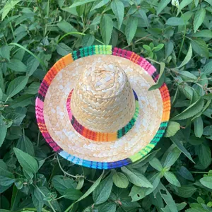 Top view of a traditional Mexican straw hat with vibrant multi-colored woven trim.