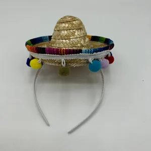 Miniature Mexican straw hat pet headband with colorful pompoms for Fiesta party costume