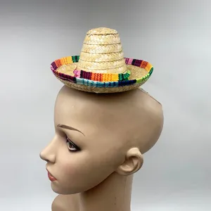Mini Mexican straw hat with colorful rainbow brim for festival performances and parties