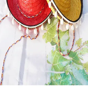 Detailed view of Mexican straw hats with colorful pom-poms and braided cords for parties