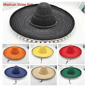 Sombreros mexicanos de paja coloridos con pompones blancos y cordón ajustable para fiestas