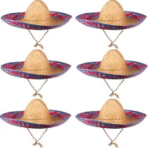 Set of six mini Mexican straw sombreros with colorful edges for party photo props