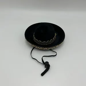Miniature black pet Mexican sombrero with gold trim and adjustable strap for dog parties