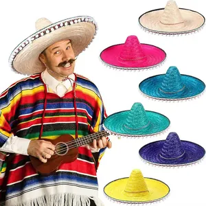 Sombreros mexicanos de paja coloridos con pompones blancos para disfraces de Halloween