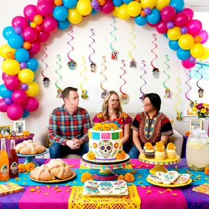 Festive Day of the Dead party decoration set with balloons and colorful swirl hangings.