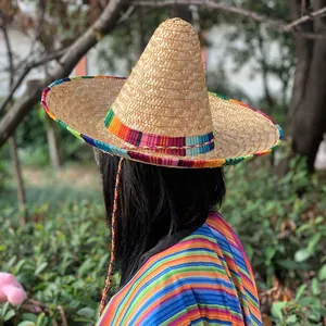 Back view of Mexican straw hat with vibrant rainbow stripes for festival performance