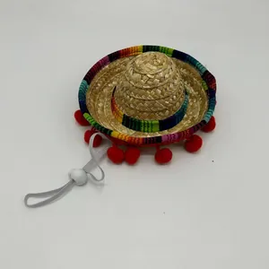 Mini pet Mexican straw hat with colorful brim and red pom-poms for party decoration