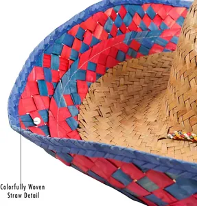 Detailed close-up showing the colorful woven straw texture of a Mexican sombrero hat.