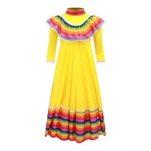 Traditional Mexican folklore costume dress with vibrant yellow fabric and rainbow ruffles