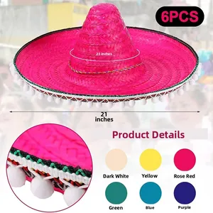 Gedetailleerd overzicht van kleurrijke Mexicaanse strohoeden met pompoms en kleuropties.