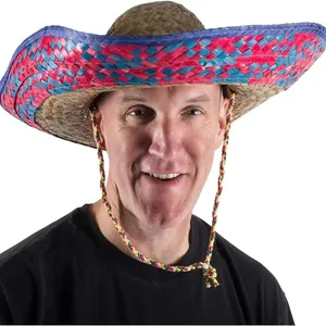 Close-up of a vibrant Mexican woven straw hat perfect for sun protection and parties