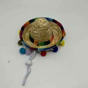Mini Mexican pet sombrero with colorful pom-poms and adjustable chin strap for dog cats