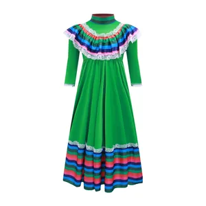 Traditional Mexican Folkloric dress in green with colorful striped ruffles and lace