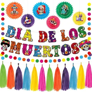 Día de los Muertos decoration set with skull banners, paper fans, and colorful tassels