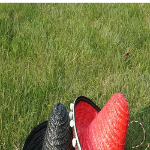 Close-up of vibrant red and black woven Mexican sombreros on a green grass field