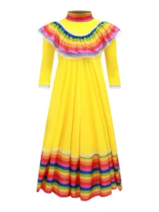 Traditional yellow Mexican folk dress featuring vibrant rainbow stripes and lace detail