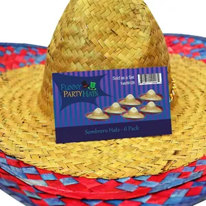 Macro detail of Mexican straw sombrero hat with a colorful woven brim edge decoration.