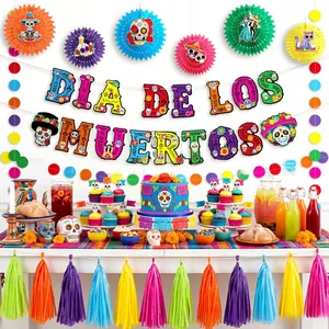 Vibrant Day of the Dead party decoration kit with banners, paper fans and colorful tassels
