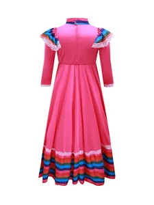 Back view of pink Mexican folkloric dress with colorful striped hem and lace details