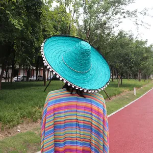 Back view of a teal Mexican straw hat with white pom-pom trim and rainbow poncho