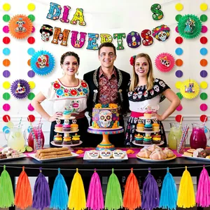 Festive Dia de los Muertos party decoration set with colorful banners and paper fans