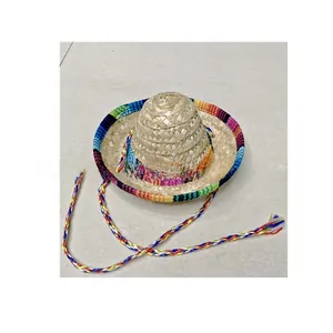 Vista dettagliata di un mini sombrero messicano di paglia per animali con corda colorata