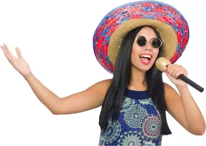 Detail view of a colorful Mexican woven straw hat worn by a model with sunglasses
