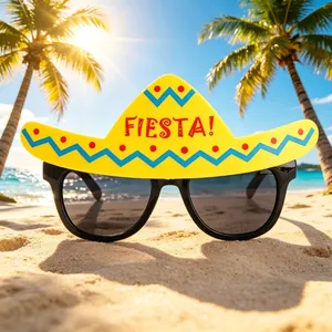 Close-up view of funny Sombrero party sunglasses with Fiesta text on a sunny beach background.