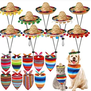 Miniature Mexican pet sombrero hats and colorful striped bandanas set for cats and dogs