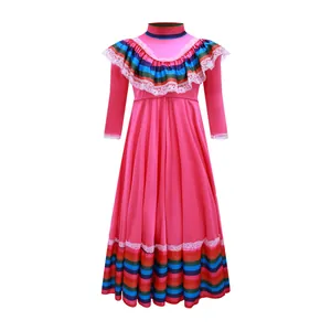 Traditional pink Mexican dress with colorful striped ruffles and lace for Halloween cosplay.