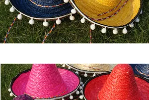 Colorful Mexican straw hats with white pom-poms for carnival party performance costumes.