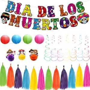 Detail view of the Day of the Dead party decoration set including banner and lanterns