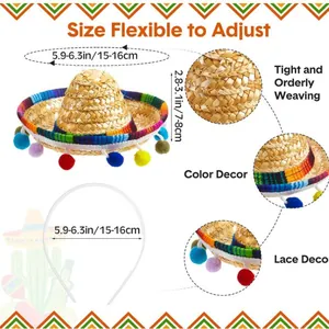 Handmade mini Mexican straw sombrero hat for pets with adjustable elastic band.