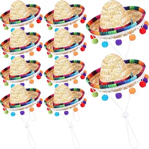 Set of 10 mini Mexican straw sombrero hats with colorful pom-poms for pet parties