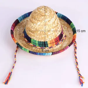 Mini Mexican straw sombrero with colorful striped brim and braided cords, 15 cm wide