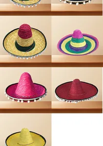 Variety of colorful Mexican Sombrero straw hats with white pom-poms on wooden shelves.