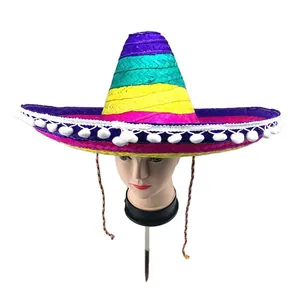 Cappello sombrero messicano colorato in paglia con pompon bianchi per feste ed eventi