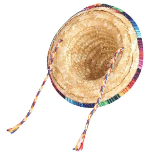 Mini Mexican straw hat headband for carnival party with colorful brim and chin strap