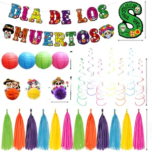 Detailed dimensions of Day of the Dead party decoration set with banners and tassels.