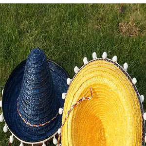 Detailed view of colorful Mexican sombreros with white pom-poms on green grass background