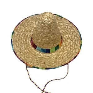 Classic Mexican straw sombrero with colorful woven trim and chin strap for festivals