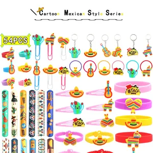 Comprehensive view of a 54pcs Mexican party favor set including tacos and cacti.