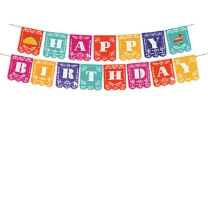Mexican Fiesta Happy Birthday Banner with colorful Papel Picado design for party decor