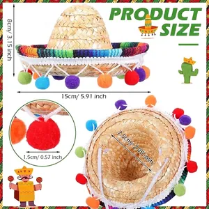 Mexican pet straw hat with colorful pom-poms showing size and diameter details.