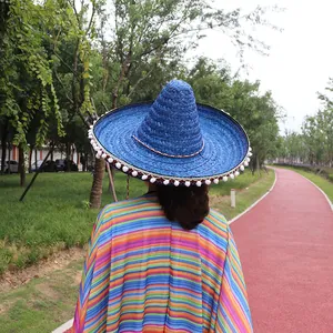 Back view of blue Mexican straw sombrero with white pom-pom trim and colorful poncho