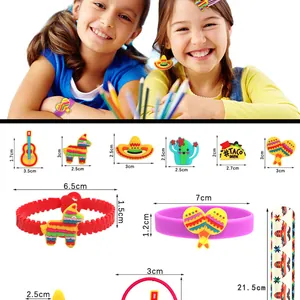 Detailed dimensions of Mexican theme party charms and bracelets including taco and cactus.