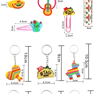 Detailed dimensions of Mexican party favors including cactus clips and taco keychains