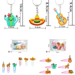 Detailed dimensions of Mexican party favor set including cactus and guitar themes